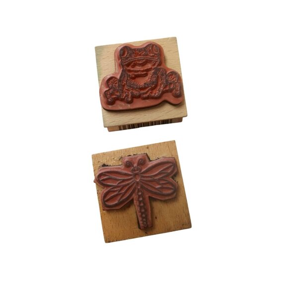 1990s Wood Mounted Rubber Stamps Set 4 Frog Dragonfly Bear Alligator Frog - Picture 4 of 4